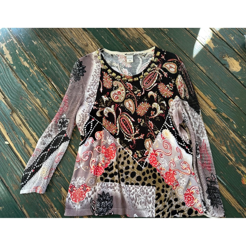 Nygard Collection Mixed Print Beaded Neckline Top Paisley Leopard Floral Large